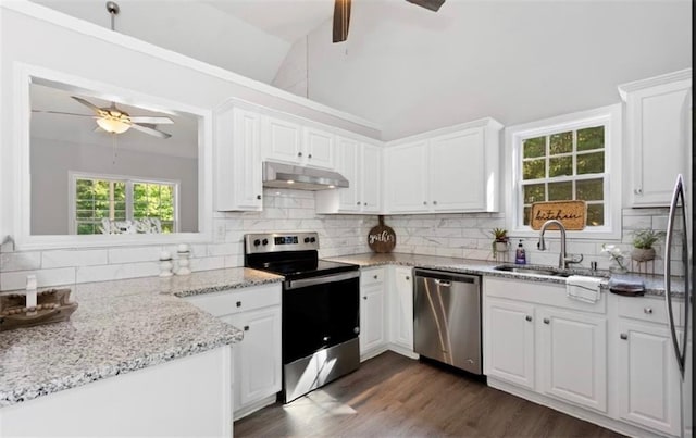 kitchen featuring lofted ceiling, a sink, white cabinets, under cabinet range hood, and appliances with stainless steel finishes