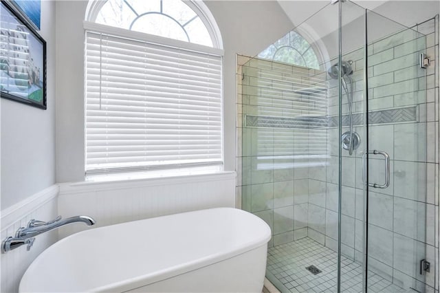 bathroom with a healthy amount of sunlight, a stall shower, and a freestanding bath