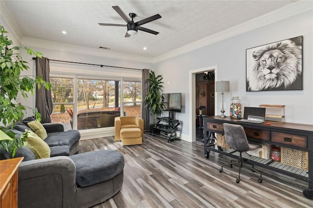 office area with ceiling fan, ornamental molding, and hardwood / wood-style flooring