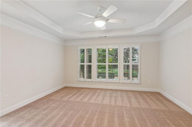 empty room featuring light carpet, crown molding, and a raised ceiling