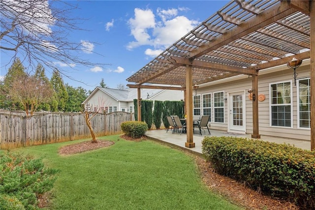 view of yard with a patio area, a pergola, and fence