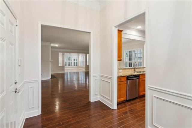 hallway featuring a wainscoted wall, dark wood finished floors, plenty of natural light, crown molding, and a decorative wall