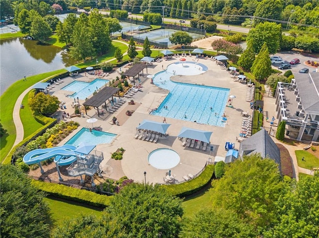 drone / aerial view featuring a water view