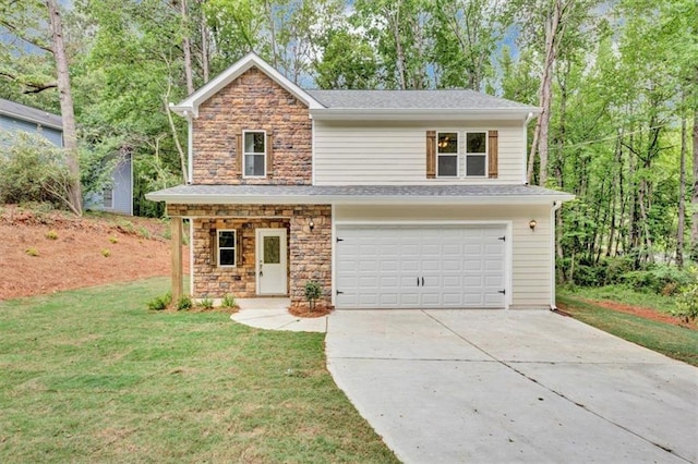view of front of home featuring an attached garage, a front yard, driveway, and stone siding