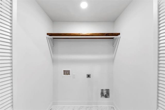 laundry room featuring hookup for an electric dryer, laundry area, baseboards, hookup for a washing machine, and marble finish floor