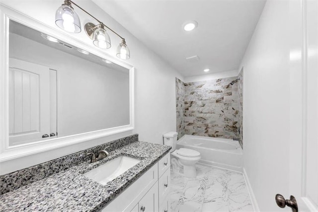 full bathroom with vanity, marble finish floor, toilet, recessed lighting, and shower / bathing tub combination