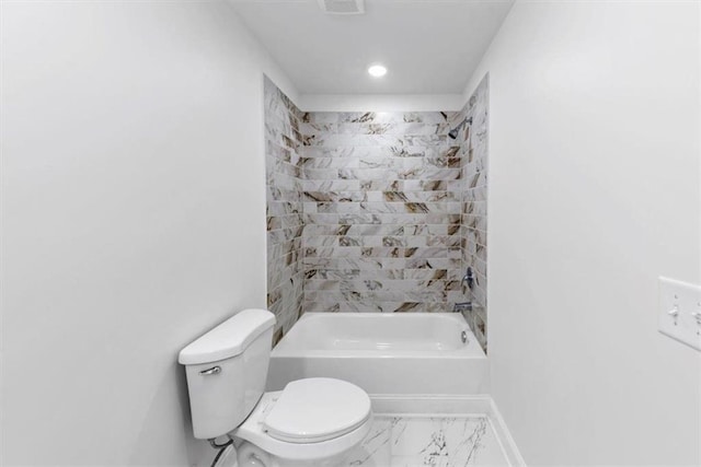 bathroom featuring toilet, marble finish floor, recessed lighting, shower / bath combination, and visible vents