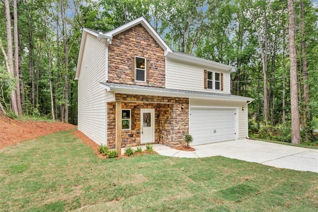 view of front of property with a garage, a front lawn, driveway, and stone siding