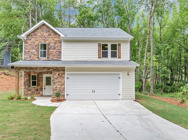view of front facade with a garage, a front lawn, stone siding, roof with shingles, and driveway