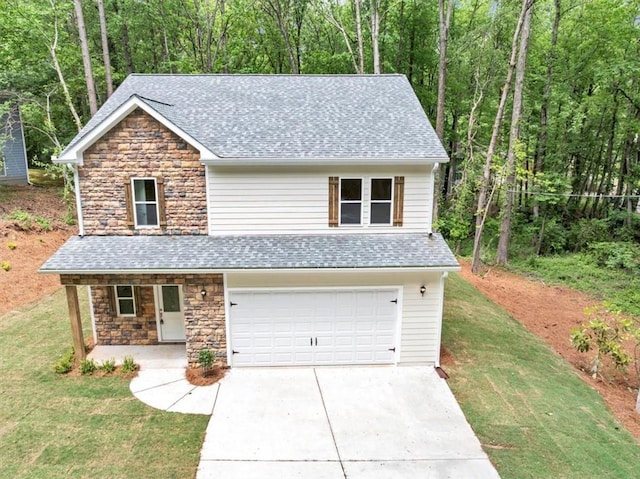 traditional home with an attached garage, driveway, stone siding, and a front lawn