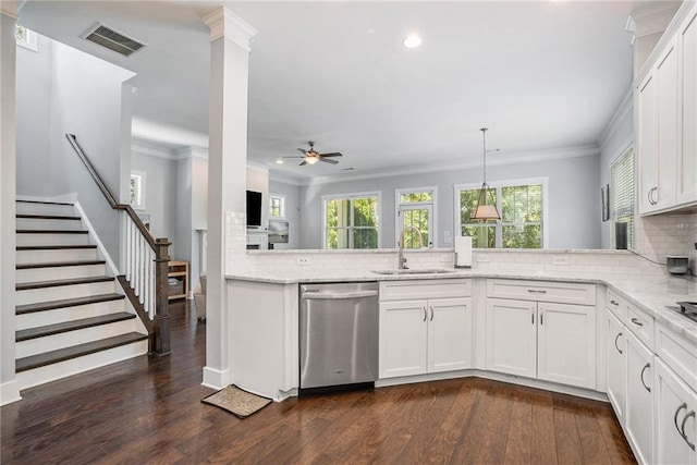 647 E Ave NE, Atlanta, GA 30312 - kitchen with dark wood-style flooring, visible vents, stainless steel dishwasher, a sink, and recessed lighting