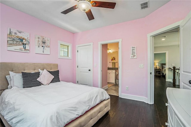 647 E Ave NE, Atlanta, GA 30312 - bedroom with ceiling fan, visible vents, baseboards, dark wood-style floors, and connected bathroom