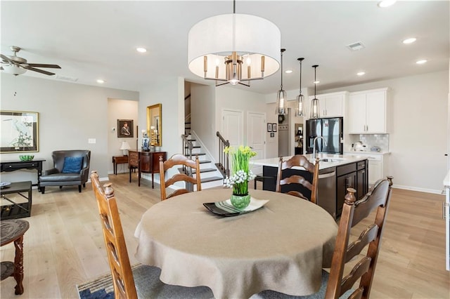 15 Lakeside Way, Cartersville, GA 30121 - dining area featuring stairway, light wood-style flooring, a ceiling fan, recessed lighting, and baseboards