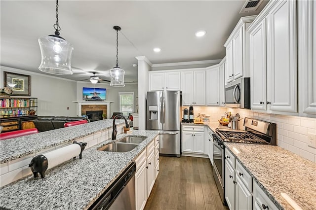 4571 Academy St, Acworth, GA 30101 - kitchen featuring stainless steel appliances, ornamental molding, ceiling fan, a glass covered fireplace, and open floor plan