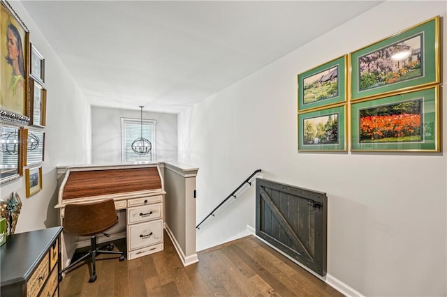 4571 Academy St, Acworth, GA 30101 - home office with dark wood-type flooring and a chandelier