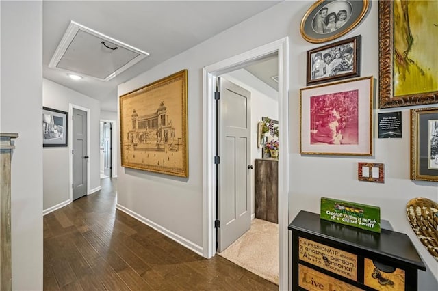 4571 Academy St, Acworth, GA 30101 - hall featuring dark wood-style flooring and attic access