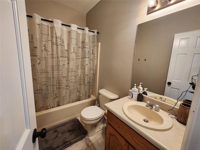 bathroom with tile patterned flooring, shower / tub combo with curtain, vanity, and toilet