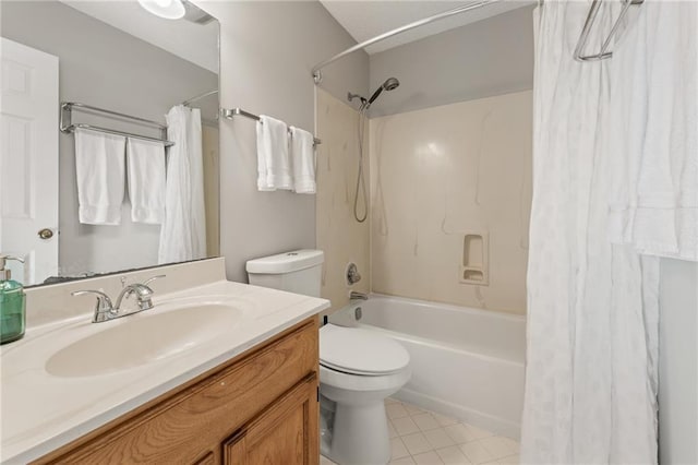 full bathroom featuring tile patterned floors, shower / bathtub combination with curtain, vanity, and toilet