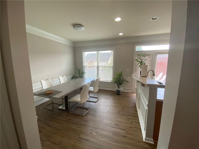 dining space with sink, dark hardwood / wood-style flooring, and ornamental molding