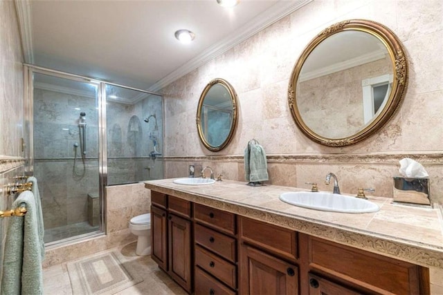 full bath with tile walls, crown molding, toilet, a shower stall, and tile patterned floors