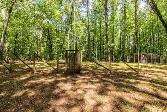 view of yard with a forest view