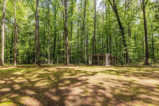 view of grassy yard with a wooded view and an outbuilding