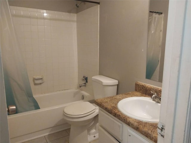 full bath with vanity, tile patterned flooring, toilet, and shower / tub combo with curtain