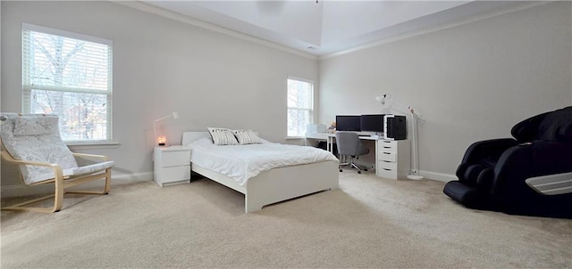 bedroom with light colored carpet