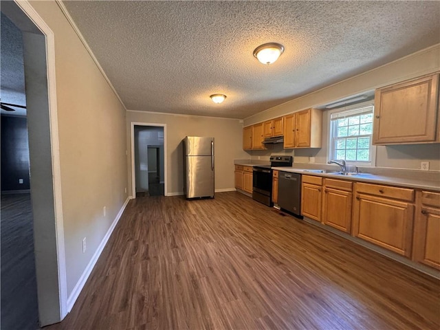 kitchen featuring electric range oven, dishwasher, sink, stainless steel fridge, and dark hardwood / wood-style flooring