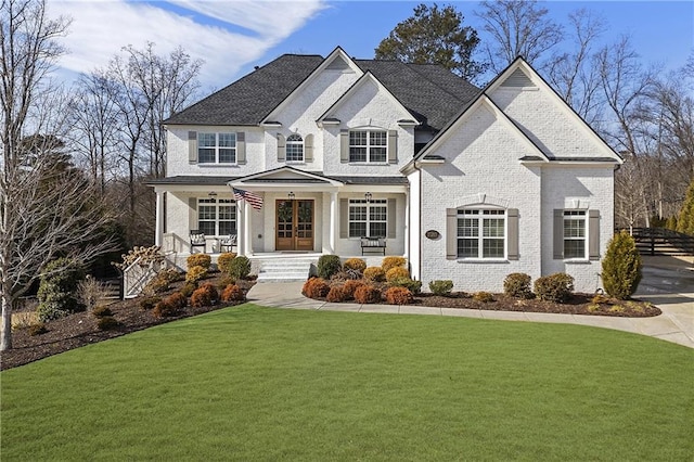 view of front facade featuring covered porch and a front lawn