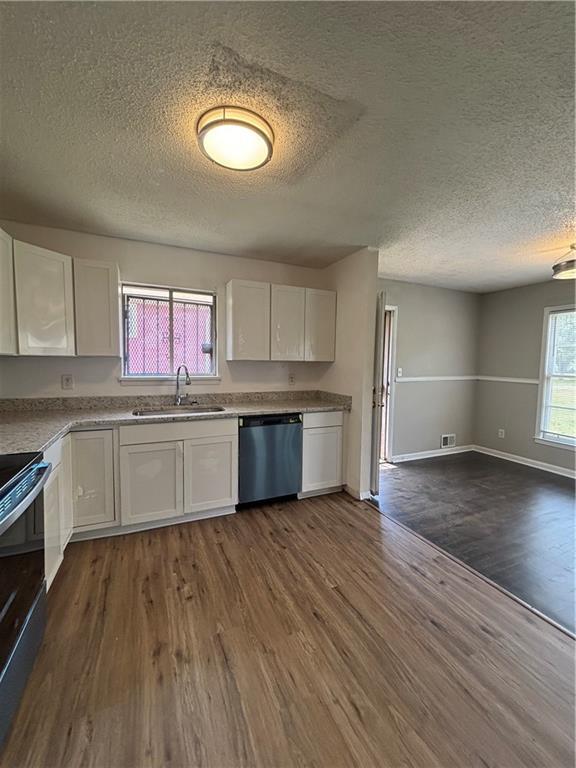2830 Norgate Ln, Decatur, GA 30034 - kitchen with dishwasher, dark wood-style flooring, a sink, and white cabinetry