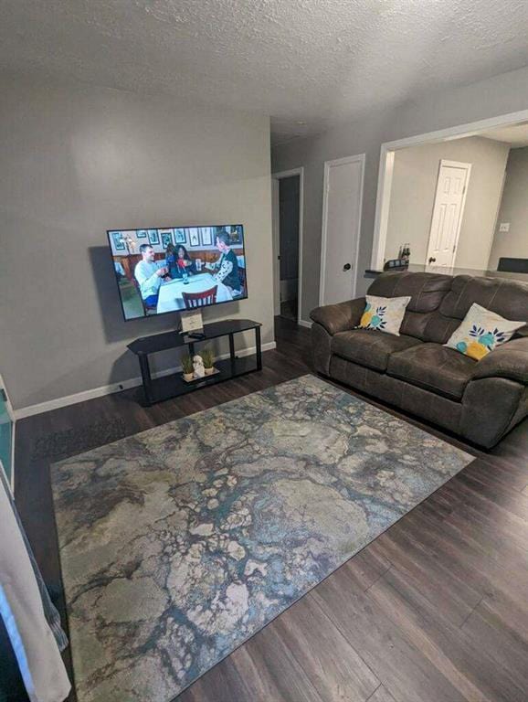 6977 Eunice Dr, Riverdale, GA 30274 - living room with a textured ceiling and dark hardwood / wood-style flooring