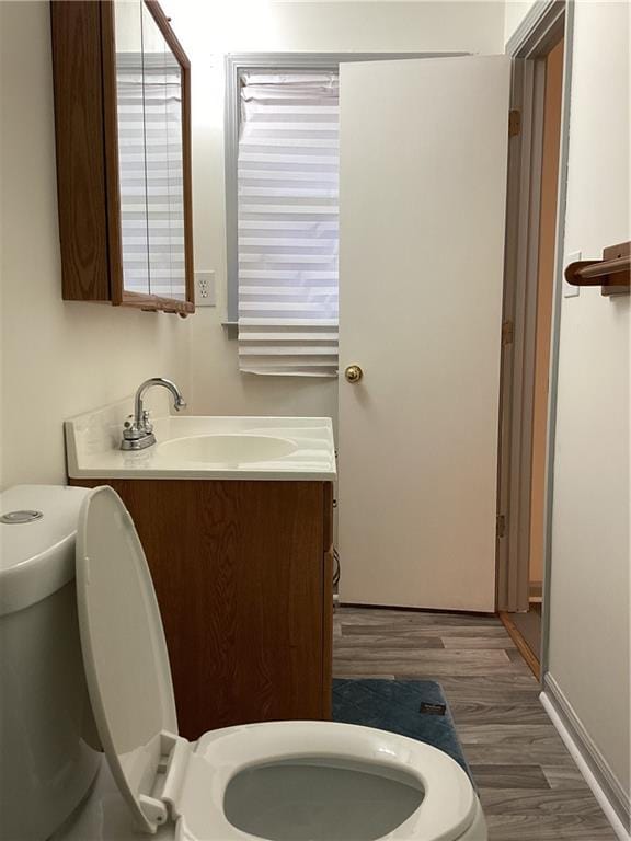 bathroom with vanity, toilet, and wood finished floors