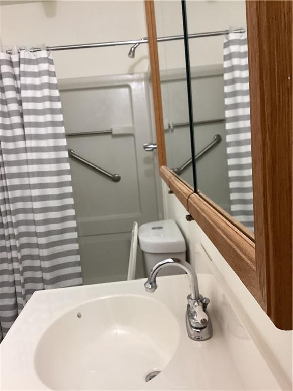 bathroom with toilet, a sink, and a shower with shower curtain