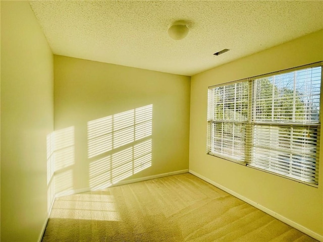 carpeted spare room featuring a textured ceiling and baseboards