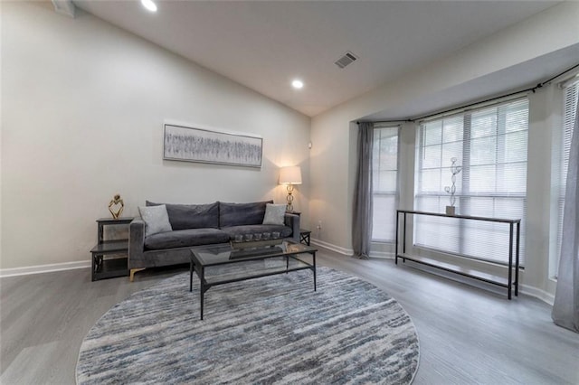 living room with hardwood / wood-style flooring and vaulted ceiling