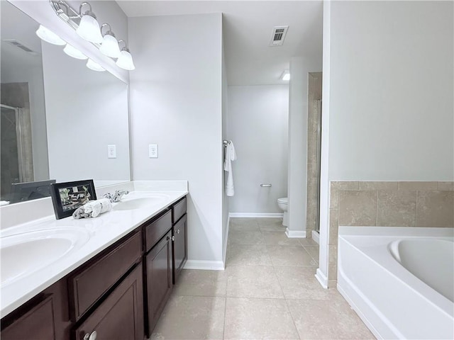 bathroom with tile patterned flooring, a shower stall, double vanity, a bath, and toilet