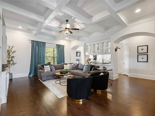 living room featuring beam ceiling, coffered ceiling, and dark hardwood / wood-style floors