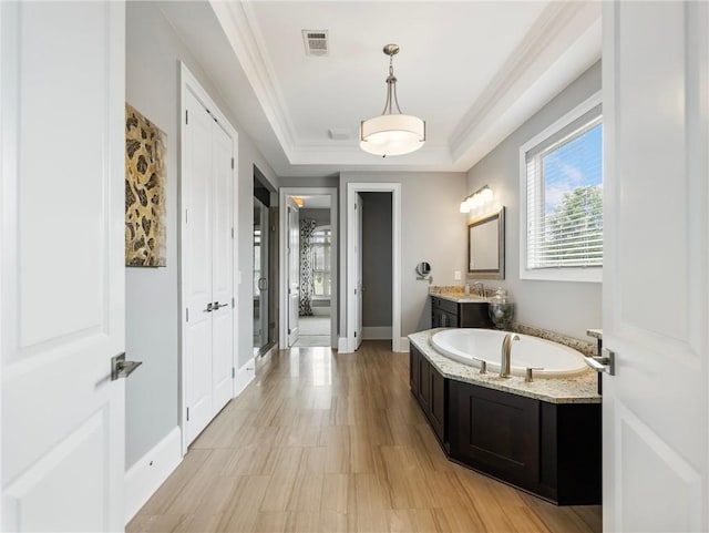 bathroom with a washtub, a tray ceiling, ornamental molding, and vanity