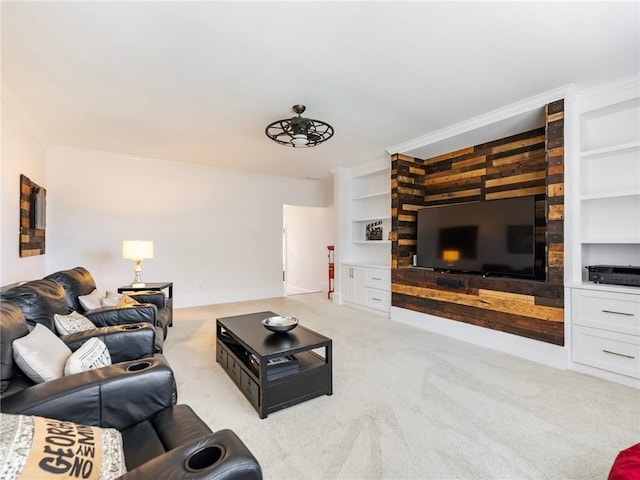 living room with ornamental molding, built in features, and light colored carpet