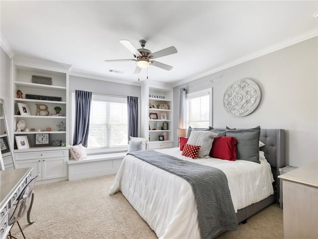 bedroom featuring multiple windows, ceiling fan, ornamental molding, and light colored carpet