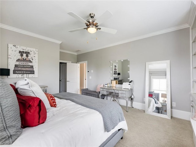 bedroom with ceiling fan, crown molding, and light colored carpet