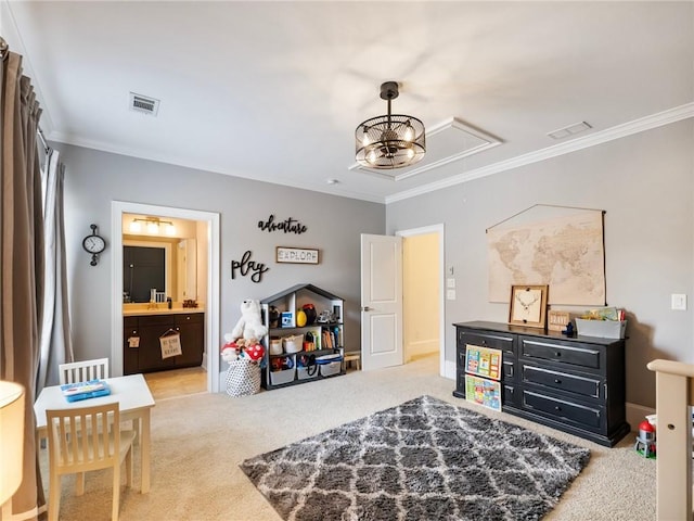 sitting room featuring crown molding and light colored carpet