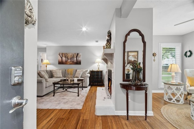 3408 Lake Pointe Cir, Roswell, GA 30075 - living area featuring wood finished floors and a warm lit fireplace