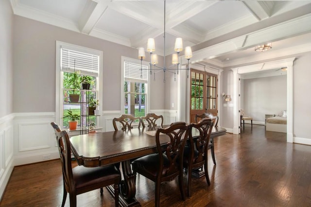 2638 Clairmont Rd, Atlanta, GA 30329 - dining area featuring coffered ceiling, healthy amount of natural light, a chandelier, beamed ceiling, and a wainscoted wall