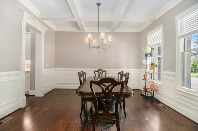 2638 Clairmont Rd, Atlanta, GA 30329 - dining space featuring a chandelier, beam ceiling, coffered ceiling, dark wood-style floors, and wainscoting