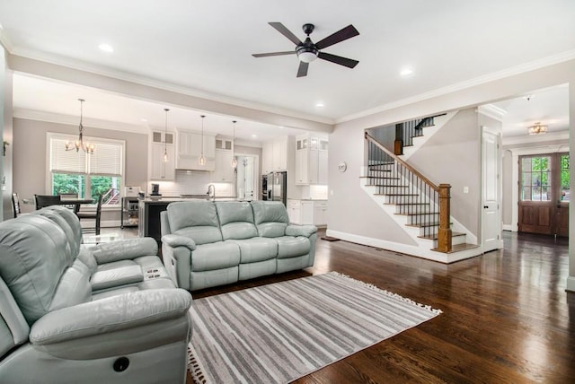 2638 Clairmont Rd, Atlanta, GA 30329 - living room featuring a chandelier, ceiling fan, stairway, dark wood finished floors, and recessed lighting
