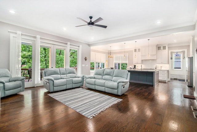 2638 Clairmont Rd, Atlanta, GA 30329 - living area featuring ceiling fan, dark wood-type flooring, recessed lighting, and crown molding