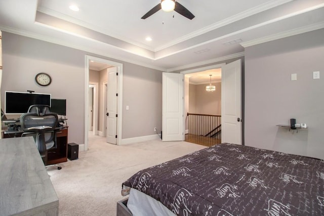 2638 Clairmont Rd, Atlanta, GA 30329 - carpeted bedroom featuring a desk, ornamental molding, a raised ceiling, and recessed lighting