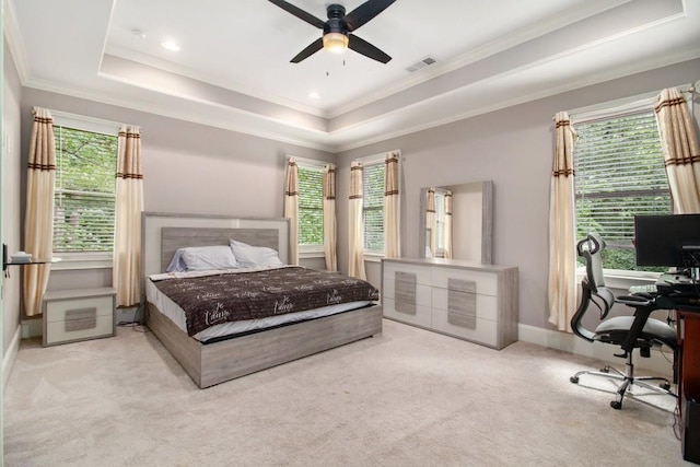 2638 Clairmont Rd, Atlanta, GA 30329 - carpeted bedroom featuring an office area, a tray ceiling, ornamental molding, and a ceiling fan